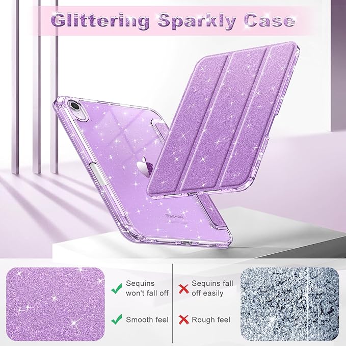 Fintie Slim Case for iPad Mini 7 (A17 Pro, 7th Generation) 2024 / iPad Mini 6 (6th Gen) 8.3 Inch - [Built-in Pencil Holder] Glittering Sparkly Shockproof Cover w/Shiny Clear Back Shell, Purple