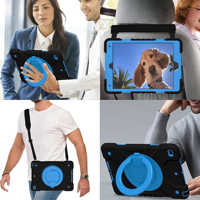 Andnary Case for iPad 9th/8th/7th Generation 10.2 inch, Shockproof Cover with Screen Protector/360° Rotating Handle/Bracket/Pen Holder/Shoulder Strap, Kids Case for iPad 2021/2020/2019 (Black+Blue)