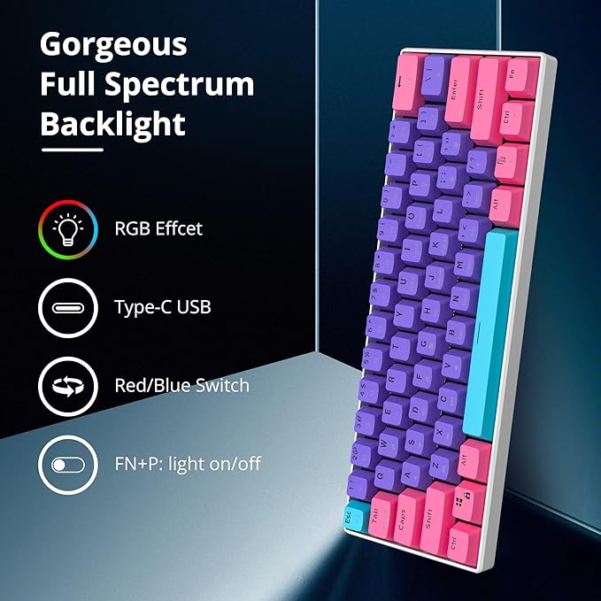 Protable 60% Percent Gaming Keyboard Mechanical, Mini Compact RGB Backlit 61 Keys Wired Office Keyboard with red Switch for Mac/Win (Purple/red Switch)