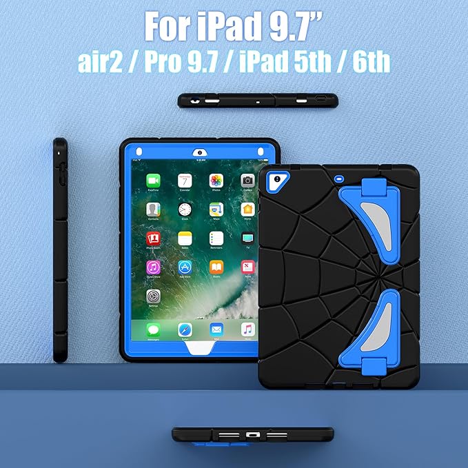 AKABEILA Compatible with Apple iPad 9.7 5th/6th(2017/2018)/iPad Air 2/iPad Pro 9.7 Tablet Case，Lightweight Shockproof Rugged Protective Cover with Kickstand for Kids Children Boys Babies Black Blue