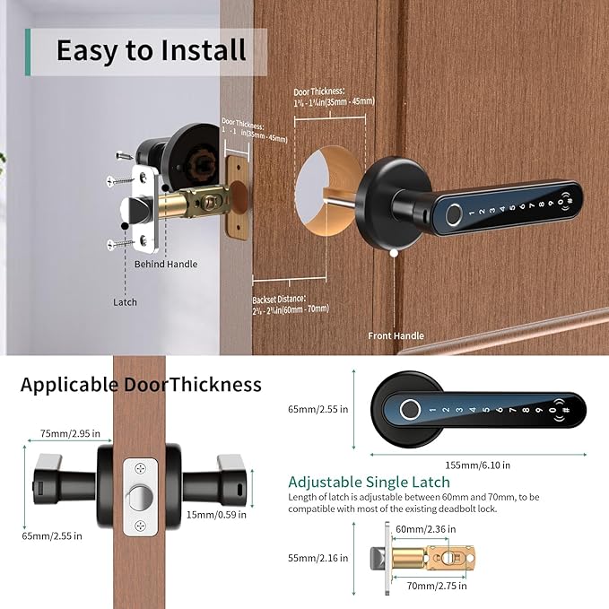 IRONZON Fingerprint Door Handle for bedrooms - 191Y 5-in-1 Fingerprint Door Lock with keypad and app Control, smart knob for Bedroom with Key and NFC, keyless Entry Door Handle - Black