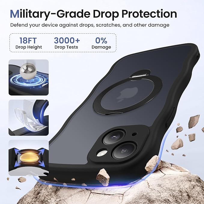 CAPRARO for iPhone 15 Plus Case with 360° Spin Magnetic Stand for Women, [Compatible with MagSafe] [Full Camera Protection] Cute Wave Translucent Matte Case for iPhone 15 Plus, Black