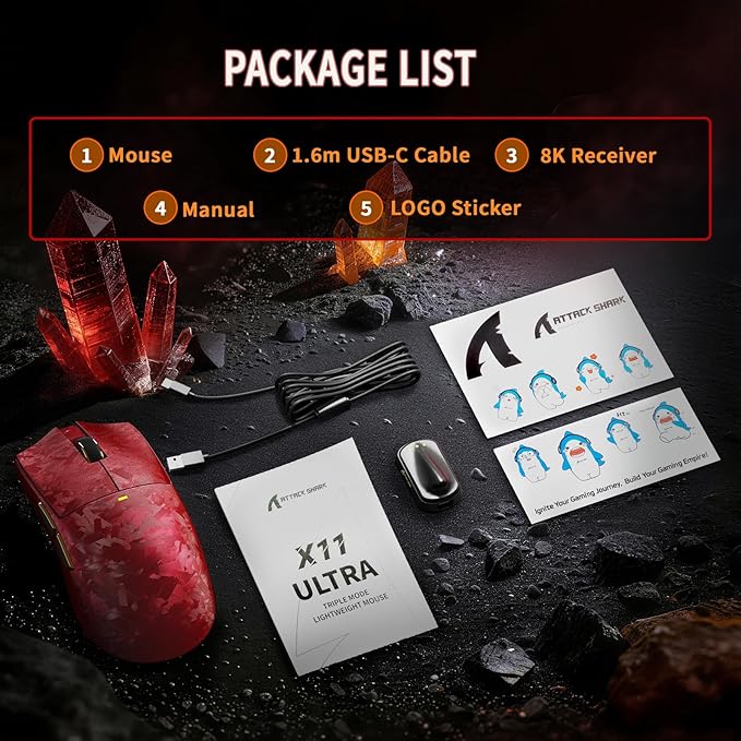 ATTACK SHARK X11 Ultra 8K Carbon Fiber Wireless Gaming Mouse,Nordic 54L15 MCU,PAW3950MAX Sensor,59g Superlight,42000 DPI,BT/2.4Ghz/Wired Mouse with 100 Million Clicks,Programmable for Pc/Mac,Red