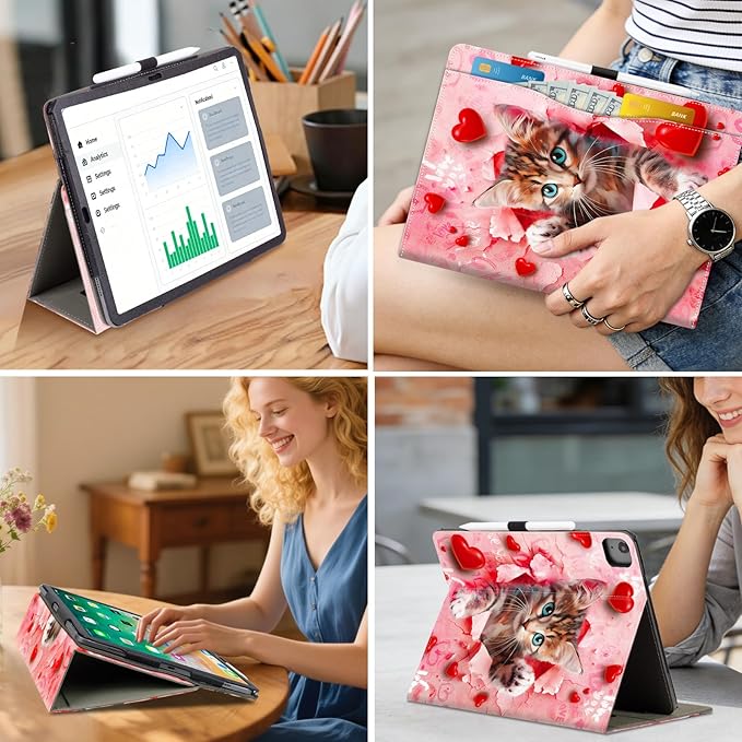 Lokigo for iPad Air 13 Inch Case M3/M2(2025/2024), iPad Pro 12.9 Case (6th/5th/4th/3th Gen 2022/2021/2020/2018) with Pencil Holder, Support Touch ID and Auto Wake/Sleep (Pink Cat)