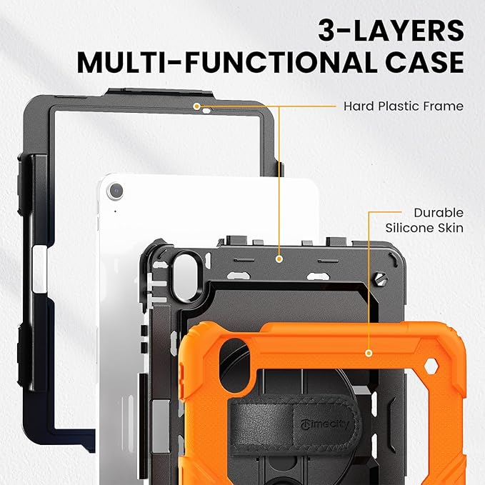timecity Case for iPad Air 11 Inch M4 / M3 / M2 (2026/2025/ 2024), 360° Rotating Stand, Pencil Holder & Wireless Charging, Shockproof with Screen Protector & Shoulder Strap - for Designers, Orange