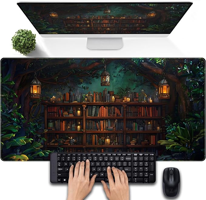 Large Desk Pad Anime Mouse Mat, Extended Gaming Mouse Pad Forest Library Keyboard Pad, Computer Desktop Pad Full Desk Mat XXL, Magical Cottagecore Decor for Office Laptop 31.5x15.7 Inch