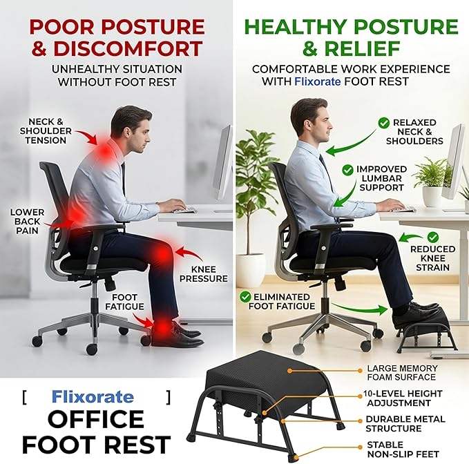Under Desk Footrest with Memory Foam, Adjustable 10-Level Ergonomic Foot Rest for Office & Gaming Desk Accessories for Leg Rest, Reinforced Metal Frame, Non-Slip Base Extra Large（Black 2 USE