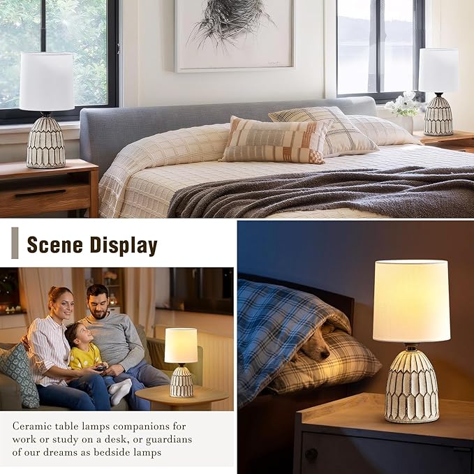 EJIAXIN Table Lamps Set of 2-13.5" Small Boho Lamp - Bedside Lamps - Farmhouse Rustic Ceramic Table Lamp for Bedroom, Living Room, Nightstand, Office, Side Desk Lamp, End Table Lamp
