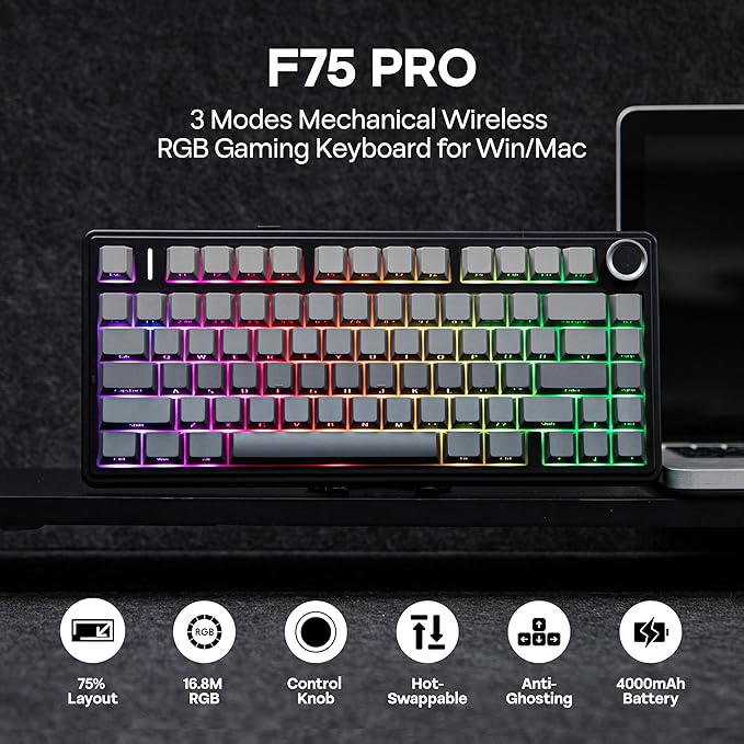 MechLands Aula F75 PRO 75% Wireless Gaming Keyboard, Gasket Mechanical Custom Keyboard with Five-Layer Padding, BT/2.4GHz/USB-C, Hot Swappable, Knob, RGB, Reaper Switches (Gradient Black)