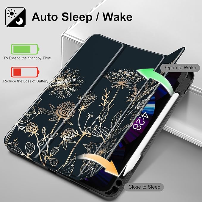 May Chen Case for iPad Pro 11 inch (4th, 3rd, 2nd & 1st Gen) 2022 2021 2020 2018, Trifold Stand + Pencil Holder + Auto Wake/Sleep + Soft TPU Protective Stand Back Cover, Abstract Floral