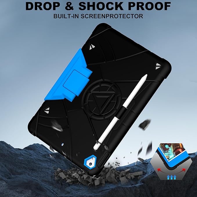Andnary Case for iPad 9th/8th/7th Generation 10.2 inch, Heavy Shockproof Cover with Screen Protector/180° Rotating Handle/Bracket/Pen Holder/Shoulder Strap, Kids Case for 2021/2020/2019 (D-Black+Blue)