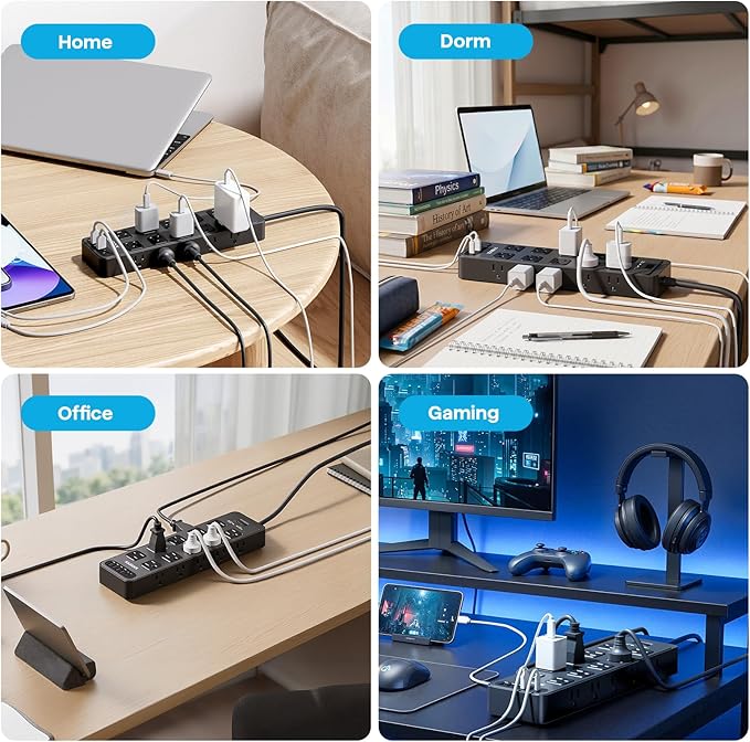 20 Outlet Power Strip with USB C,6Ft Extension Cord with Multiple Outlets, 2700 Joules Surge Protector,1875W/15A, ETL Listed for Home Office Dorm Gaming