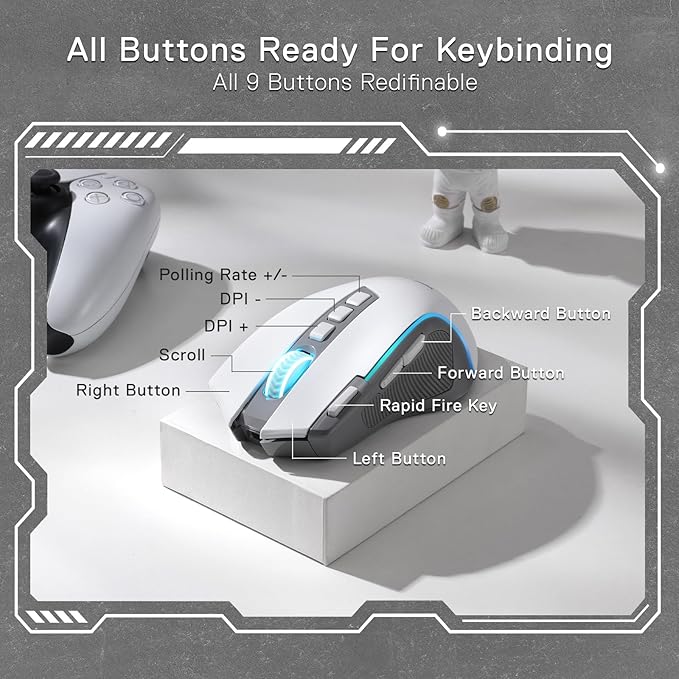 Redragon M612 PRO RGB Gaming Mouse, 8000 DPI Wired/Wireless Optical Mouse with 9 Programmable Buttons & 7 Backlit Modes, BT & 2.4G Wireless, Software Supports DIY Keybinds Rapid Fire Button
