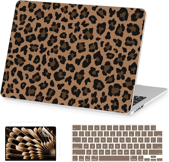 AKIT Compatible with MacBook Air 13 inch Case M5 2026 2025-2022 M4 M3 M2 A3449 A3240 A3113 A2681, Pattern Hard Shell Laptop Case+Screen Protector+Keyboard Cover for Mac Air 13.6 inch, Brown Leopard