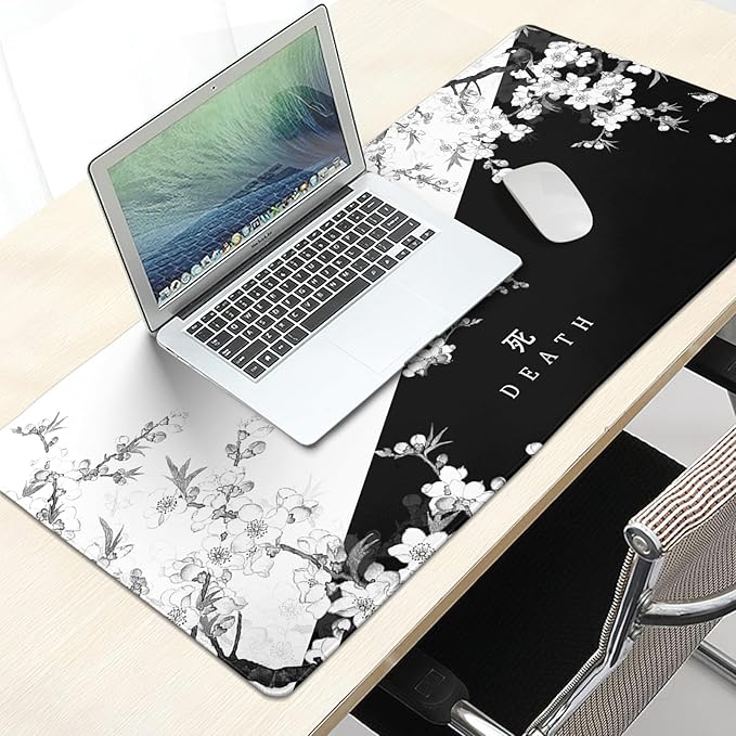 Black and White Cherry Blossom Gaming Mouse Pad XL，Large Mouse Pad Japanese Sakura Death Life Mouse Mat Desk Pad, Extended Stitched Non-Slip Rubber Edges Mousepad 31.5 X 11.8 Inch