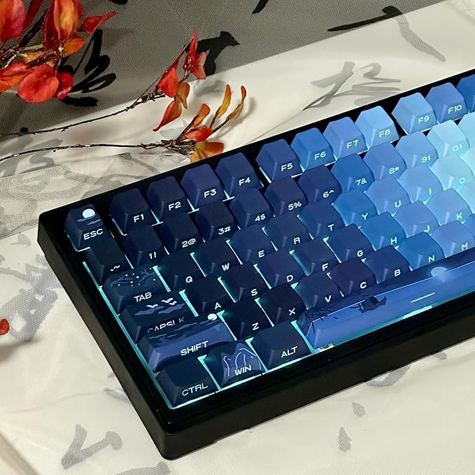 PBT Moonlit Keycaps Custom Dark Blue Shine Through Keycaps Cherry Profile 128 Keys Side Print Key Caps Gradient Blue for Mechanical Keyboards 60% 65% 75% Backlit