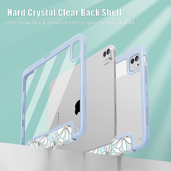 May Chen Case for iPad Pro 11-Inch M5/M4 2025/2024 (6th/5th Generation), [Penceil Holder] Trifold Stand Auto Wake/Sleep Clear TPU Protection Back Cover, Heart Rabbits