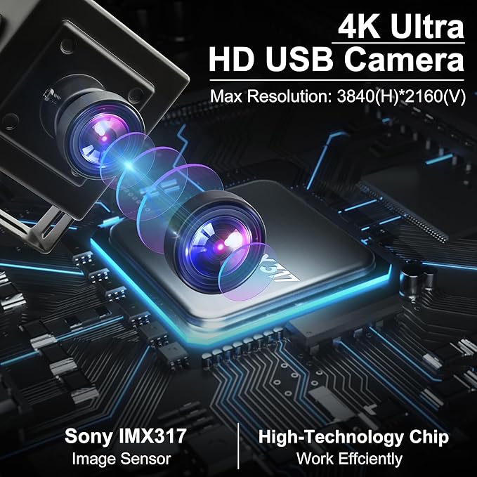 4K USB Camera Ultra HD 2160P Webcam with IMX317 Sensor,170 Degree Fisheye Lens USB Camera Module with Dual Microphone, Plug and Play USB Webcam for Windows/Mac/Linux/Raspberry Pi