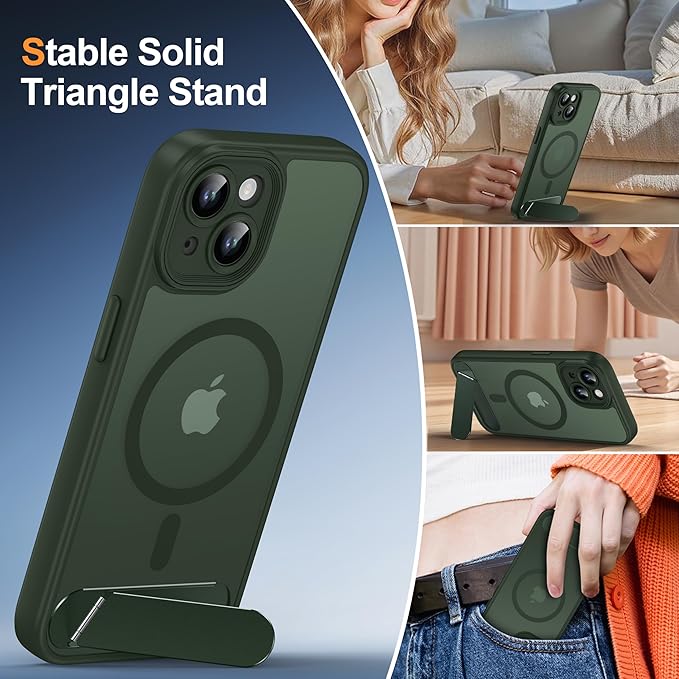 Magnetic Compatible with iPhone 15 Case, [Built-in Invisible Kickstand][Compatible with MagSafe][Full Camera Protection] Translucent Matte Phone Case for iPhone 15 6.1" Dark Green