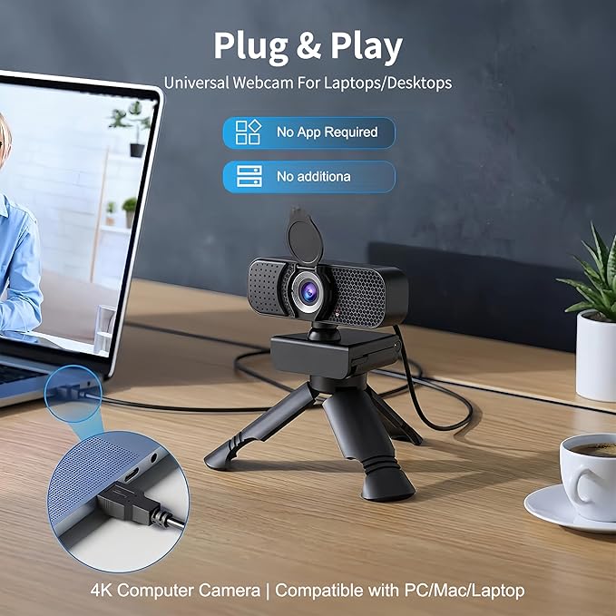 4K Webcam with Autofocus & Tripod, Camera for PC Laptop with Dual Microphone, USB Computer Camera with Low Light Correction, Auto White Balance, Video Camera for Streaming, Meetings, Office, Zoom