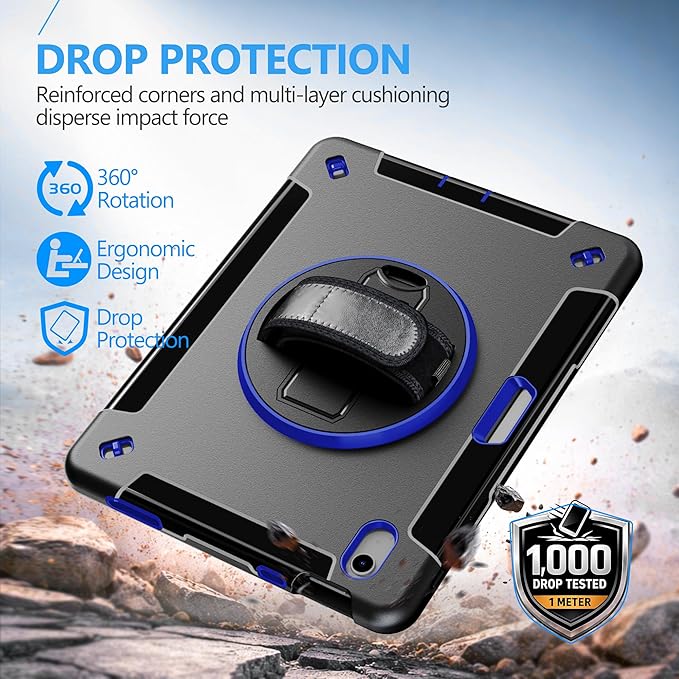 Case for iPad (A16) 11th/10th Generation Case: Protective Cover for iPad 11th Gen 11 Inch 2025 &10th Gen 10.9" 2022 with Screen Protector- Stand- Shoulder Strap- Handle- Pencil Holder-Blue+Black
