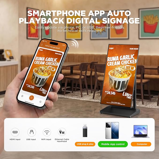 43 Inch Digital Signage Display, 4K 800 Nits UHD Full Screen LCD Advertising Kiosk, Portable Floor Standing Auto AD Player Android14 App-Based Control with USB/HDMI/WiFi