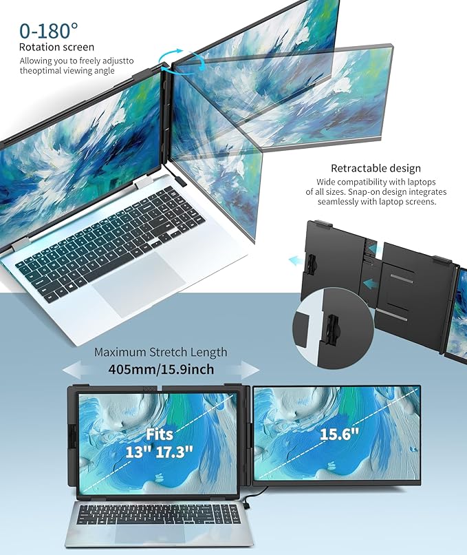 Cevaton Laptop Screen Extender - 15.6" FHD 1080P Portable Monitor for Laptop, Detachable & Plug and Play Dual Monitor Extender for 13"-17.3" Laptops, Compatible with Wins/Mac/Android/Chrome