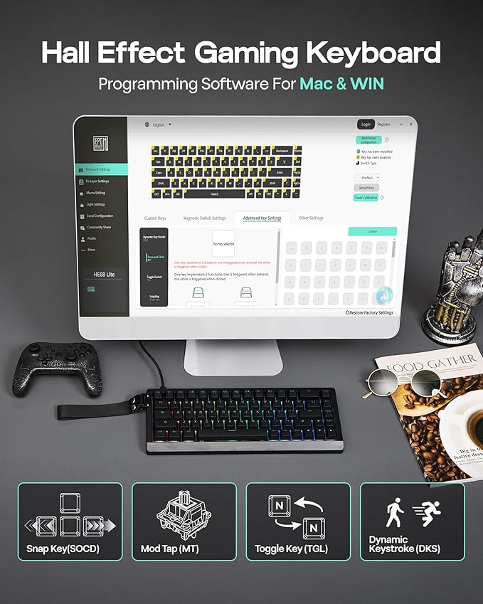 EPOMAKER HE68 Lite Hall Effect Gaming Keyboard, 8k Polling & 128K Scan Rate, 0.005mm Adjustable Trigger, 0.125ms Latency, 5-Layer Sound-Dampened, Snap Key, SOCD, A-RGB, Wired, Mac Software (Black)