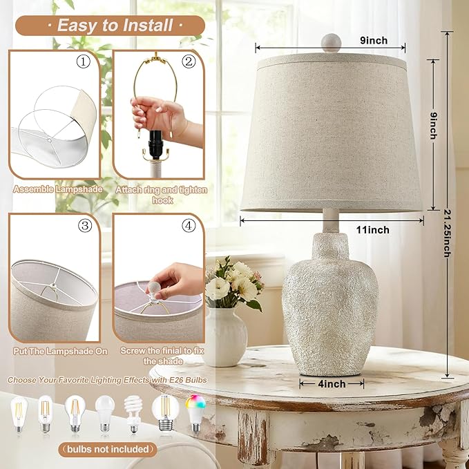 Rustic Farmhouse Table Lamps Set of 2 Small 21" Country Cottage Coastal Bedside Lamps with Retro White Finish for Bedroom or Living Room Nightstands (Bulbs Not Included)