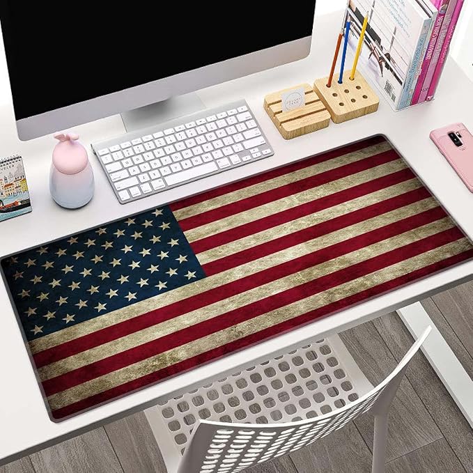 Large Gaming Mouse Pad with Stitched Edges, Vintage American Patriotic US Flgas Desk Mat, Extended XL Keyboard Pad, Non-Slip Rubber Base Desk Pad for Keyboard and Mouse, 31.5X11.8 inch