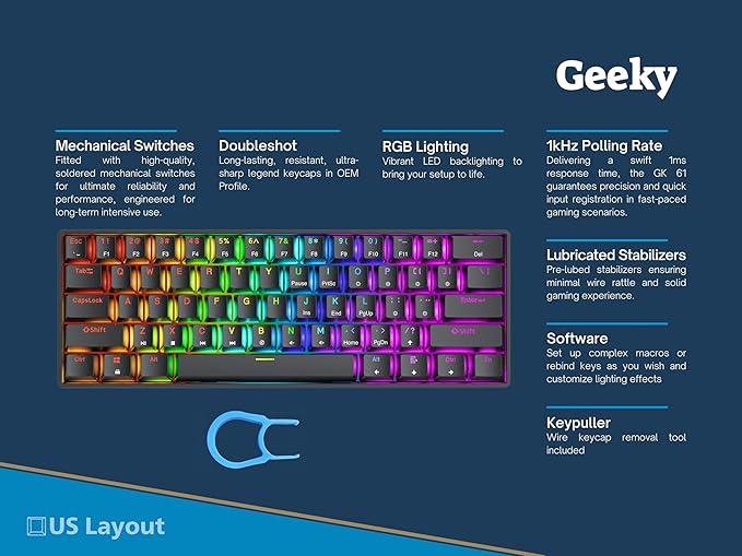 Geeky GK61 SE 60% | Mechanical Gaming Keyboard | 61 Keys Multi Color RGB LED Backlit for PC/Mac Gamer | ANSI US American Layout (Black, Mechanical Speed Silver)