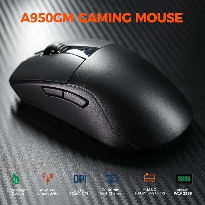 DAREU A950GM Wireless Gaming Mouse, 60g Lightweight, 26K DPI PAW3395 Optical Sensor, 2.4G/BT/Wired,Support 30-40min Fast Charge, 5 Programmable Buttons for PC/Laptop/Mac