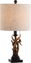 JONATHAN Y 20.5" Brown Rustic Antler Table Lamp for Bedroom Farmhouse Decor, Mini Faux Antler Desk Lamp with Gray Linen Shade, Lodge Cabin Nightstand Lamp, LED Bulb JYL1031A