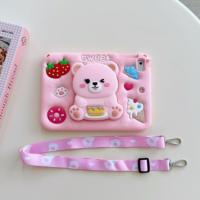 3D Cute Bear Case for iPad mini 7 (A17 Pro) 2024/Mini 6 2021 8.3 inch,Kawaii Cartoon Pretty Sweet Bear Soft Silicone Foldable Stand Case with Lanyard for Kids Teens Girls Women