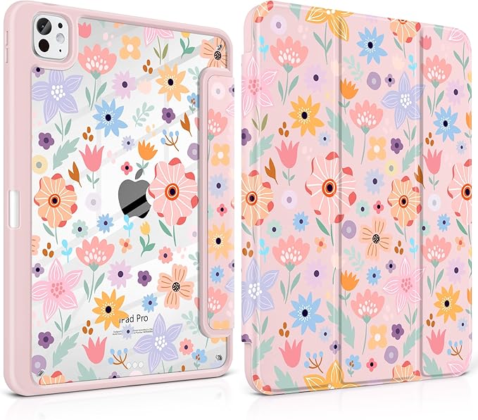 Case for iPad Pro 13 inch (M5) 2025 (M4) 2024 Release Slim Lightweight Cute Light Pink Cover with Clear Back TPU Edge Pencil Holder Trifold Stand, Colorful Flowers