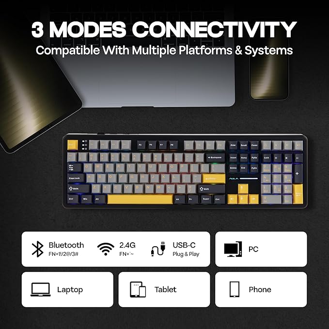 MechLands Aula F108 100% Wireless Gaming Keyboard, Full Size Custom Gasket Mechanical Keyboard, 4000mAh Battery, Programmable 108 Keys, Hot-Swappable, for Win/Mac (Grey&Yellow)