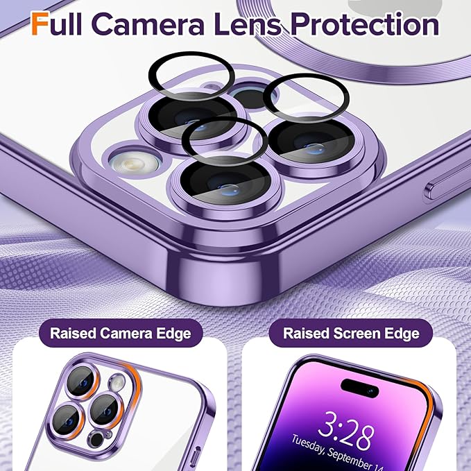 Hython Magnetic Clear for iPhone 14 Pro Max Case with Camera Lens Protector [Compatible with MagSafe] Plating Edge Slim Soft TPU Cover Protective Phone Case for iPhone 14 Pro Max 6.7", Light Purple