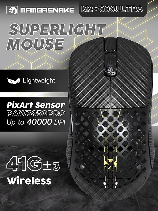 MAMBASNAKE M2 Carbon Fiber Wireless Gaming Mouse, PAW3395PRO 40K DPI, 1K Polling Rate 41g Ultralight Tri-Mode Ergonomic PC Mice, Cloud Driver AI Driver for PC/Mac/Win,Black&Tape