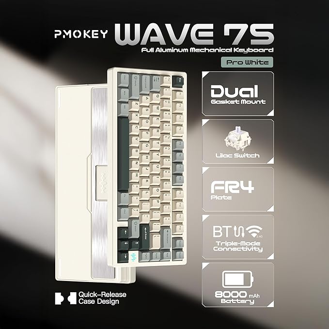KEEBMONKEY PMOKEY Wave 75 CNC Aluminum Quick Release Tri-Mode Wireless Gaming Keyboard,QMK/VIA Tri-Mode Mechanical Keyboard with 8000mAh Battery,Hot-Swappable with RGB for Windows/Mac/PC (Pro White)