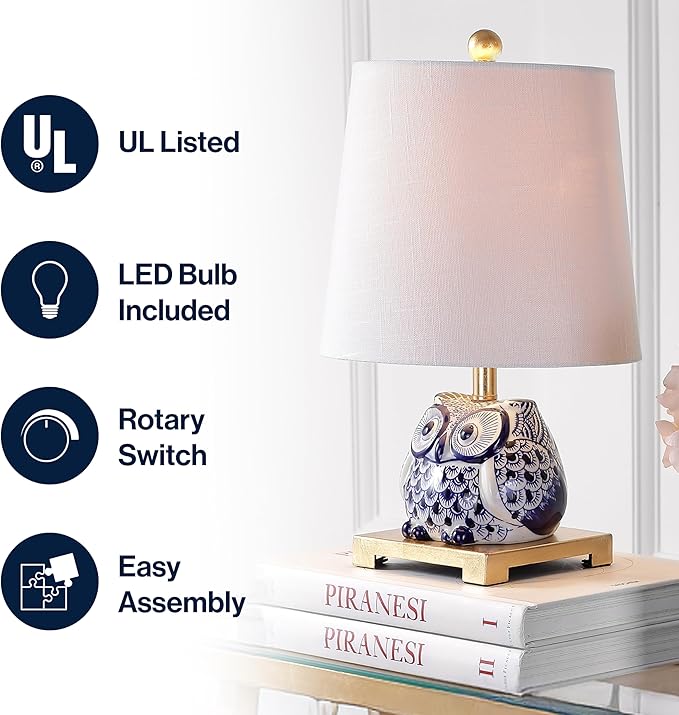 JONATHAN Y 16" Blue/White Ceramic Owl Mini Table Lamp for Bedroom or Office, Modern Farmhouse Nightstand Lamp with White Linen Shade, LED Bulb Included JYL3014A
