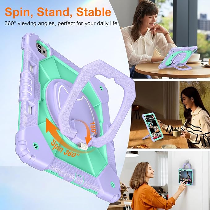 Case for iPad Pro 13 Inch M5 2025/ M4 2024, Ubearkk for iPad Pro 13 Inch case with Screen Protector, 360 Degree Rotating Stand Shoulder Strap Pencil Holder,Military Grade Shockproof, Purple Mint