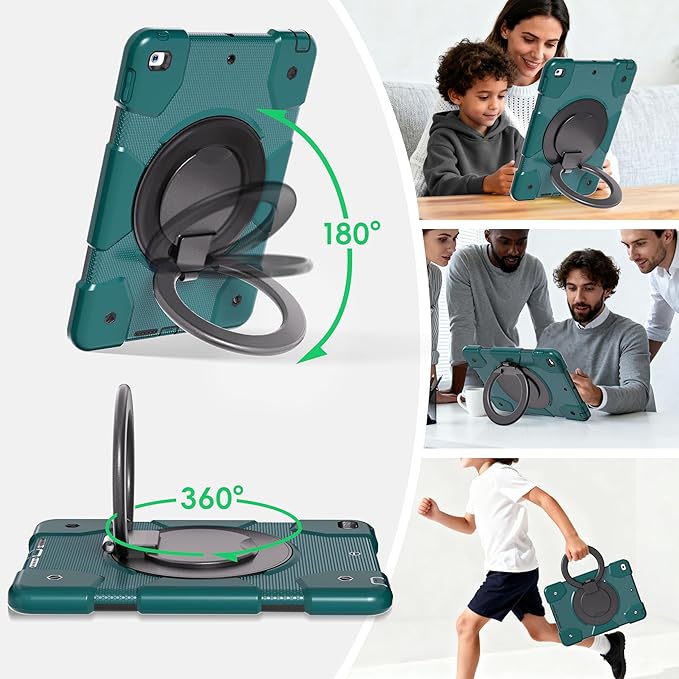 Andnary Case for iPad 9th/8th/7th Generation 10.2 inch, Shockproof Cover with Screen Protector/360° Rotate Stand/Pencil Holder/Shoulder Strap, Kids Case for iPad 2021/2020/2019 (Dark Green+Black)