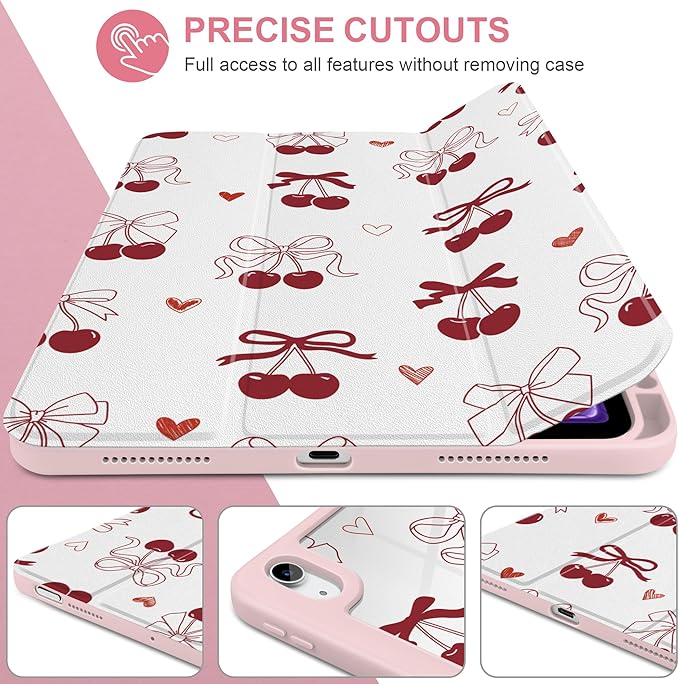 Case for iPad Air 13 inch 2026 M4 2025 M3 2024 M2 Release with Pencil Holder - Aesthetic Cute Preppy Design Trifold Cover with Soft TPU Bumper Clear Back Auto Sleep for Girls Women, Cherry