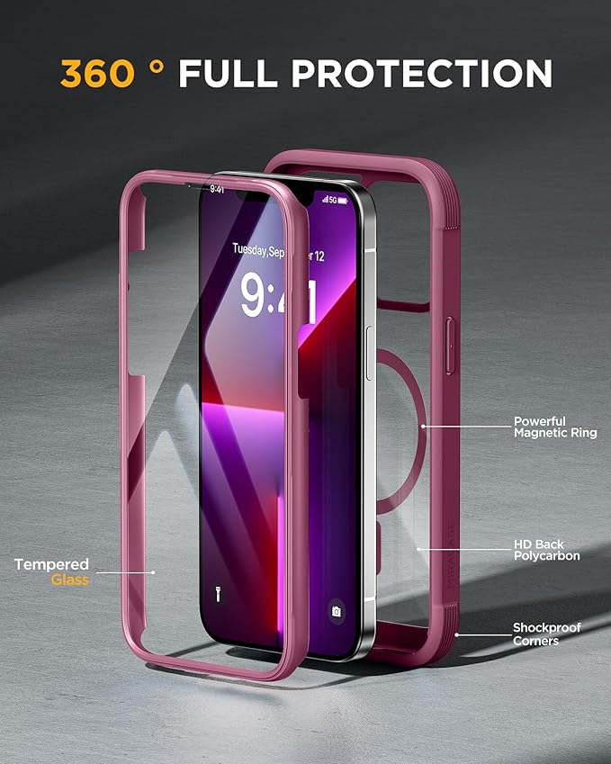 Miracase Magnetic for iPhone 13 Pro Max Case 6.7 inch, (Compatible with MagSafe) Upgrade Full-Body Clear Phone Bumper Case with Built-in 9H Tempered Glass Screen Protector, Magnetic Wine Red
