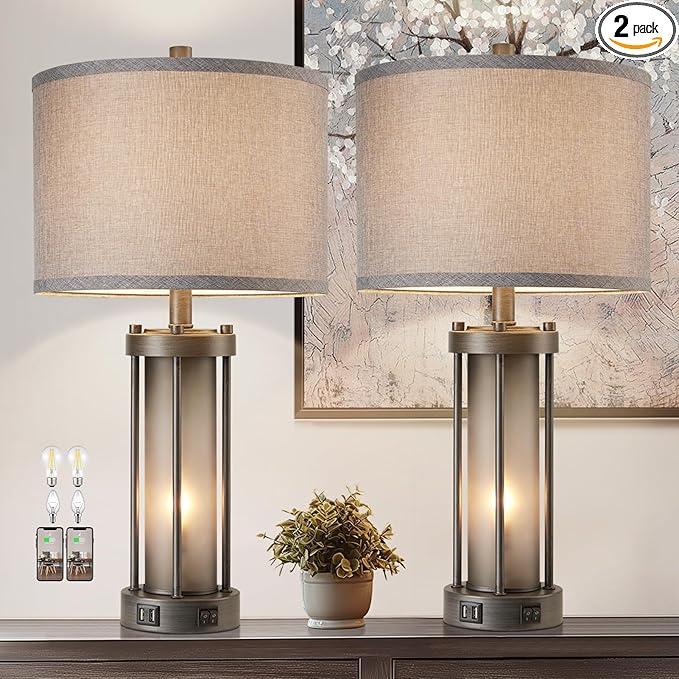 RORIA Set of 2 Rustic Table Lamps for Living Room with 2 USB Ports, Vintage Bedside Lamps with Gray Frosted Glass Night Light for Bedroom Desk Lamps for Entryway, 4 Bulbs Included