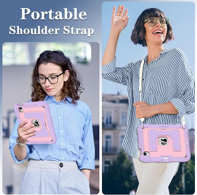 Kids Friendly Case for Apple iPad mini 7 A17 Pro 2024/iPad Mini 6 2021 8.3 Inch 7th/6th Gen Case with Pencil Holder & Shoulder Strap, Shockproof Kickstand Hard Shell Protective Cover,Pink+Purple