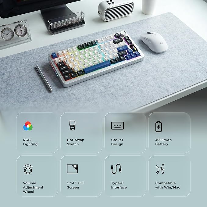 Quell Pro 75% Wireless Mechanical Gaming Keyboard – Hot Swappable Pre-Lubed Switches, Creamy Typing Sound, Smart Screen & Control Knob, RGB Backlit, PBT Keycaps, Compact Keyboard for PC