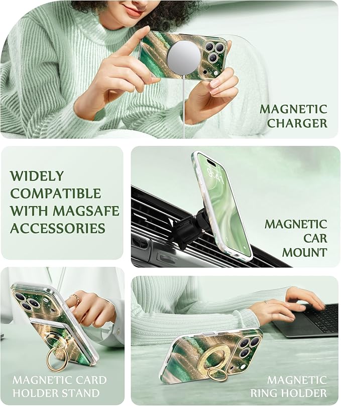 GVIEWIN for iPhone 17 Pro Case Compatible with MagSafe, [Full Camera Protection][Military-Grade Protection] Shockproof Protective Slim Magnetic Marble Phone Case for 17 Pro 6.3", Mesmerizing/Green