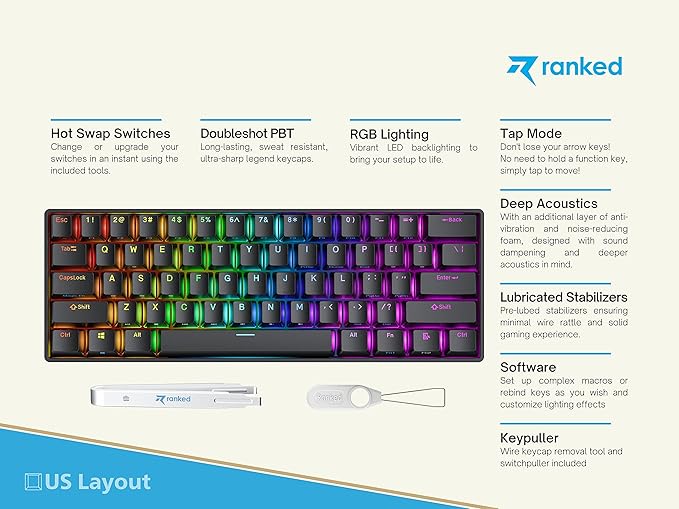 Ranked S60 Supernova 60% Form Factor | Hot Swappable Mechanical Gaming Keyboard | 61 Keys Multi Color RGB LED Backlit for PC/Mac Gamer (Black, Gateron Optical Red)