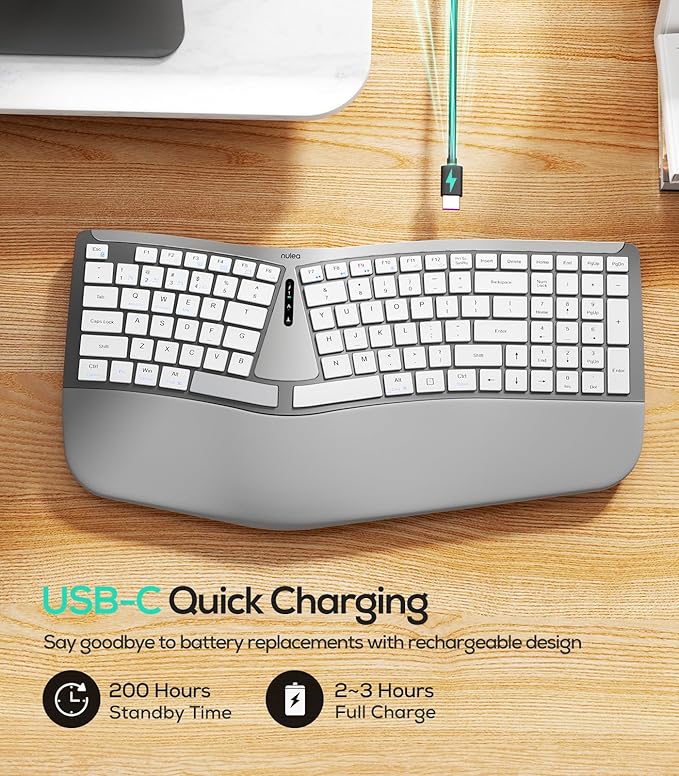 Nulea RT07B Wireless Ergonomic Keyboard - Split Keyboard, Wrist Rest, Natural Typing, Bluetooth and USB Connectivity, USB-C Rechargeable,Compatible with Windows Mac (Pink)